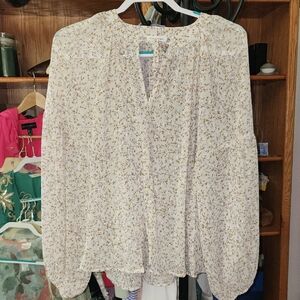 Blu Pepper From Nordstrom Cream Floral Peasant Boho Blouse Faux Button Tie Neck